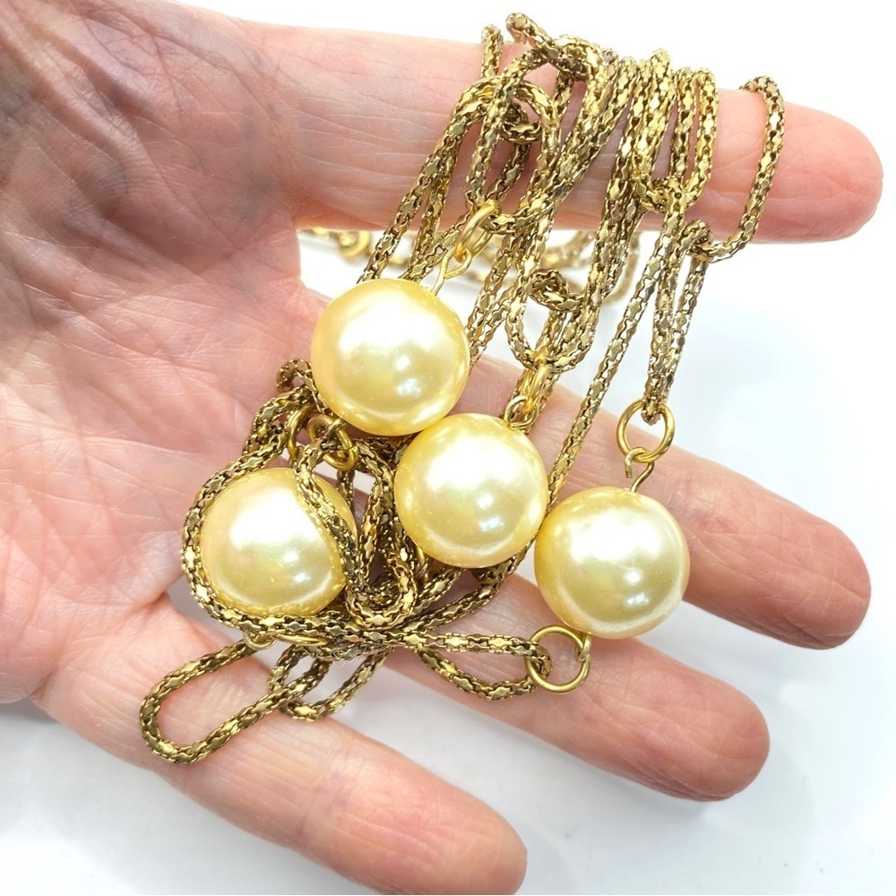 Gold Chain Links & Faux Pearls Long Necklace